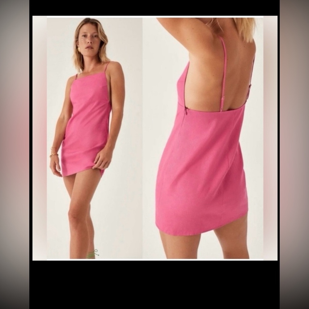 Reformation Wiley Mini Dress Linen Low Cut Relaxed Fit Open Back in Pink Size 2